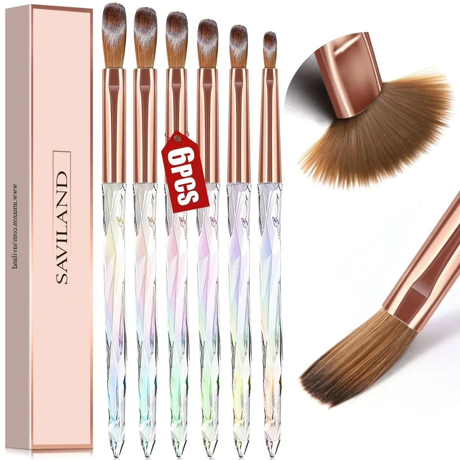 SAVILAND Kolinsky Acrylic Nail Brush Set: 6PCS Professional Acrylic Nail Brushes for Acrylic Application Acrylic Powder Nail Art Extension 3D Nail Carving Manicure Tool Home DIY Size 4/6/8/10/12/14/16