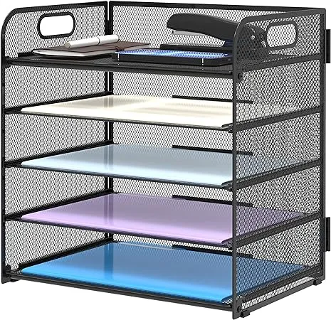 Supeasy 5 Trays Paper Organizer with Handle - Mesh Desk File/Letter Organizer,Black Paper Sorter for Office, Home or School