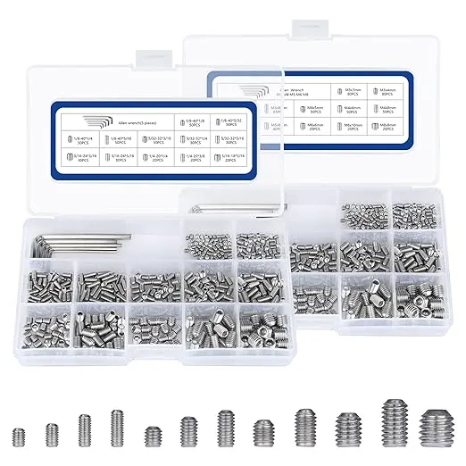 1000pcs Metric + SAE Set Screw Assortment Kit, Internal Hex Drive Cup-Point Allen Screws Set 304 Stainless Steel Grub Screw (M3-M8, 1/8""-40 to 5/16""-18)