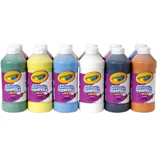 Crayola Washable Tempera Paint, Assorted - 12 pack, 16 fl oz bottles