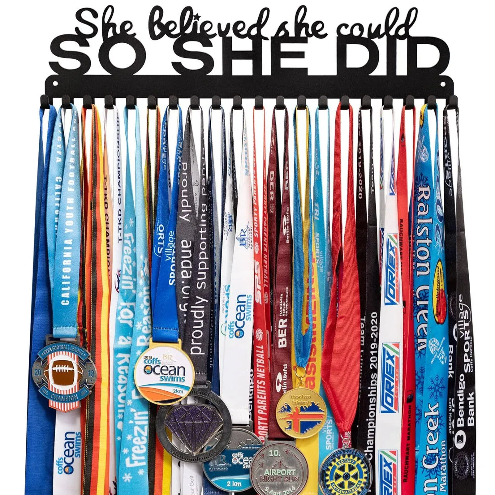 Medal Hanger Display - She Believed She Could SO She Did - Personalized Medal Wall Hanger for Sport Race Runner Sturdy Black Steel Metal Over 60 Medals Easy to Install