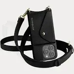 Bandolier Hailey Crossbody Phone Case and Wallet - Black Leather with Gold Detail - Compatible with iPhone 15 Pro