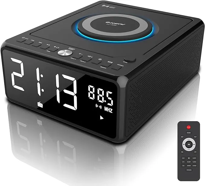 Gelielim CD Players for Home, Bluetooth Boombox with Remote, CD Clock Radio, 10W Fast Wireless Charging, Digital FM Radio, CD Player Portable with He