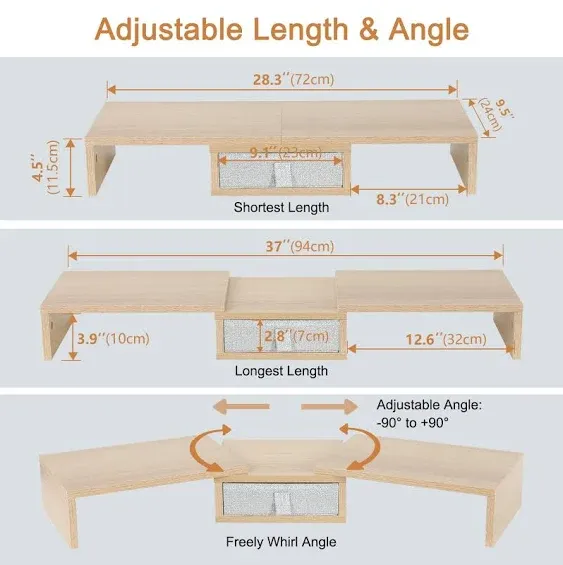 TEAMIX 3 Shelf Monitor Stand Riser with Drawer-Length and Angle Adjustable Dual Monitor Riser with Storage Corner Desk Shelf Organizer Large Computer Stand for 2 Monitors/Laptop (Maple, 1 Drawer)