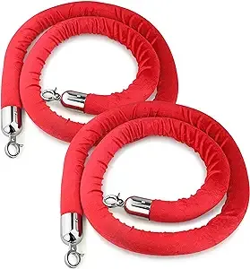 New Star Foodservice 54767 Red Velvet Stanchion Rope with Chrome Plated Hooks, 79.5-Inch, Set of 2