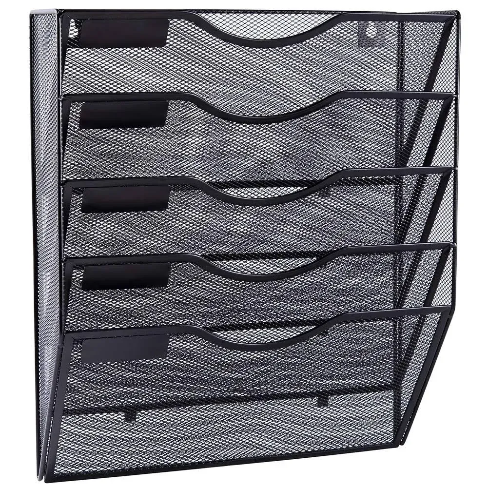 EASEPRES 5 Pockets Mesh Wall File Holder Organizer Office Hanging Mail Holder Organizer Magazine Rack, Black