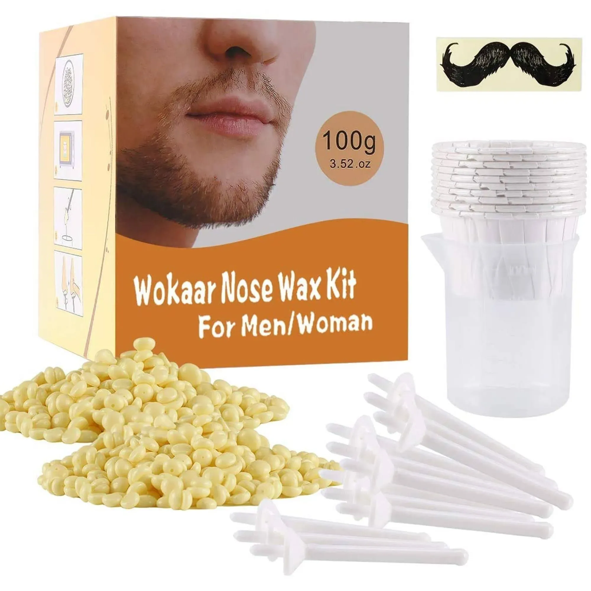 Nose Wax Kit, 100g Wax, 30 Applicators. Nose Ear Hair Instant Removal Kits from Wokaar (15-20 Times Usage ).Nostril Waxing Kit for Men and Women, Safe Easy Quick & Painless.10 Mustache Guards,15pcs Paper Cup