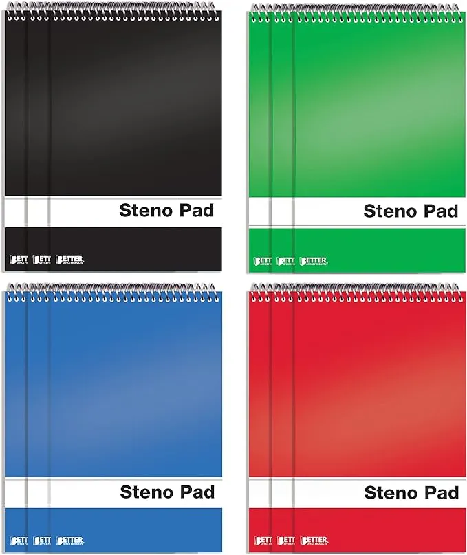 Better Office Products Spiral Steno Pads, 12 Pack, 6 x 9 inches, 80 Sheets, White Paper, Gregg Rule, Assorted Solid Colors (Red, Black, Blue, Green), 12 Steno Notebooks