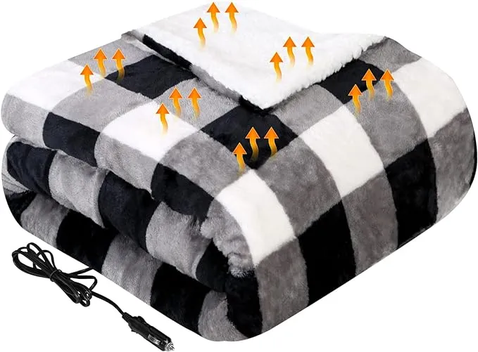 Westinghouse Heated Car Blanket, 12-Volt Electric Blanket for Car, Truck, SUV, RV, Portable Heated Throw for Camping, Grey Buffalo Plaid, 59" x 43”