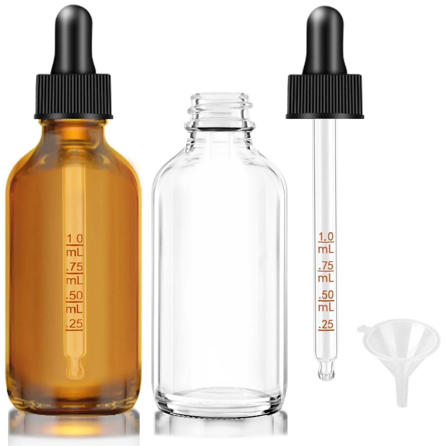 2 oz Clear and Amber Bottle, 2 pack Glass Dropper Bottles for Essential Oils Bottles with Funnel, Labels and Measured Dropper - Leakproof Lap dispensing Bottles