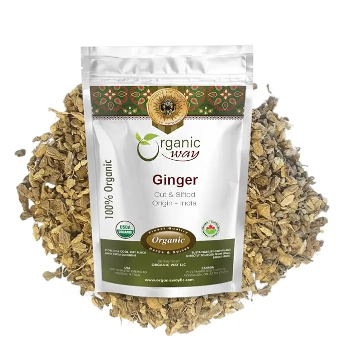 Organic Way Premium Dried Ginger Root Cut & Sifted (Zingiber officinale) - Organic & Kosher Certified | Raw, Vegan, Non GMO & Gluten Free | USDA Certified | Origin - India (1/2 LBS)