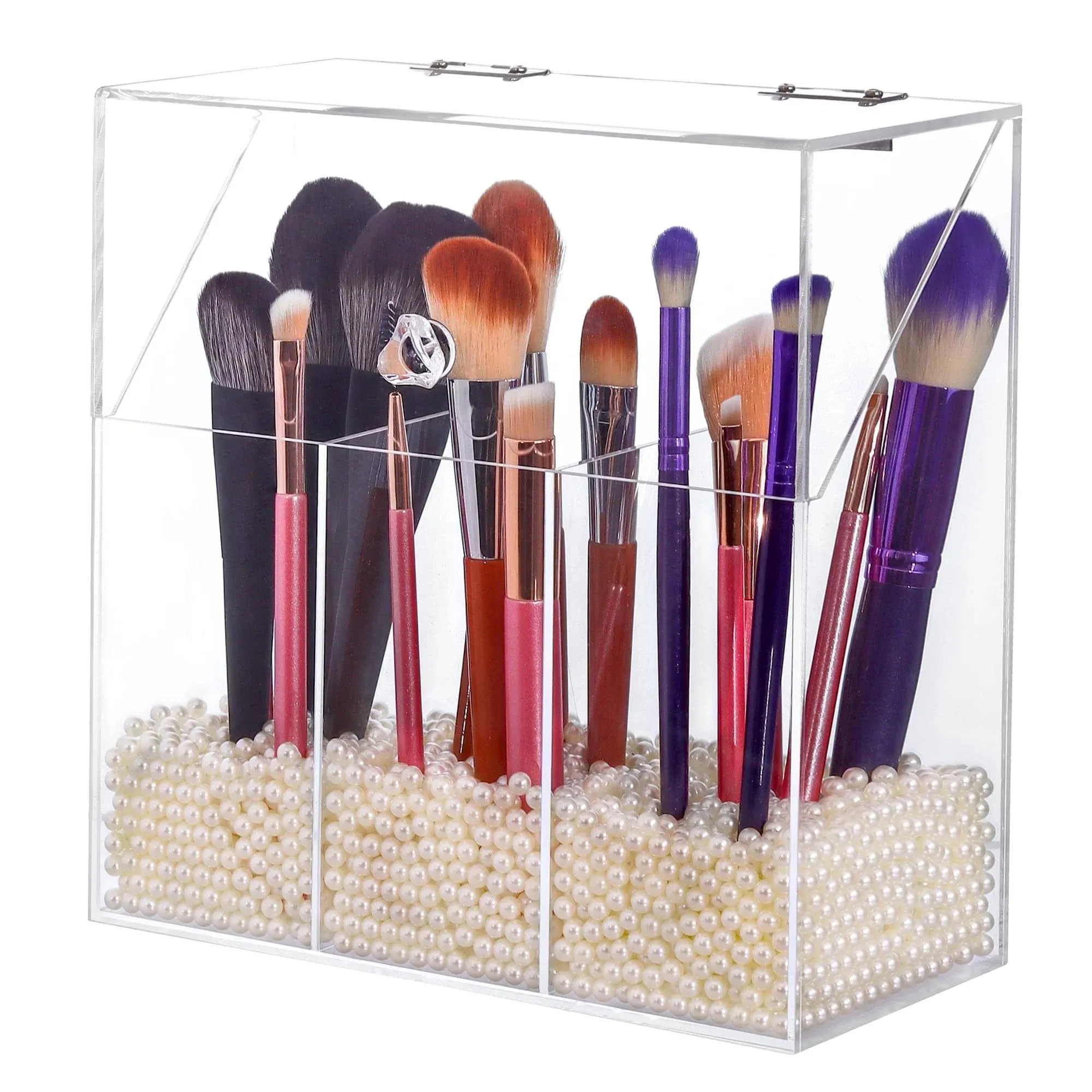 Acrylic Makeup Brush Holder with Lid - Clear Cosmetic Make up Brush Organizer and Storage Box with Dustproof Cover for Vanity - Large Capacity 3-Slots Container for Brushes (White)