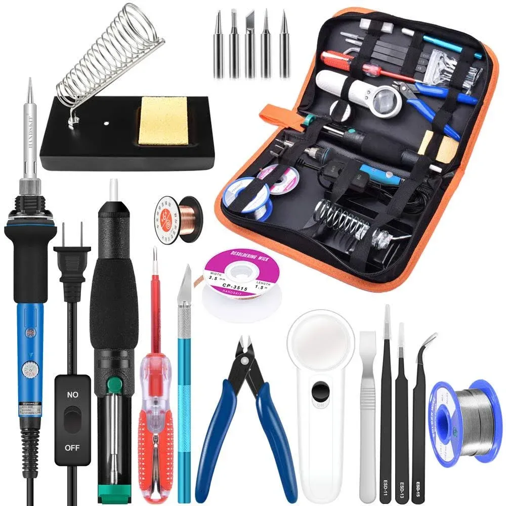 Handskit Soldering Iron Kit Electronics, 21-in-1, 60W Adjustable Temperature Soldering Iron, 5pcs Soldering Iron Tips, Soldering