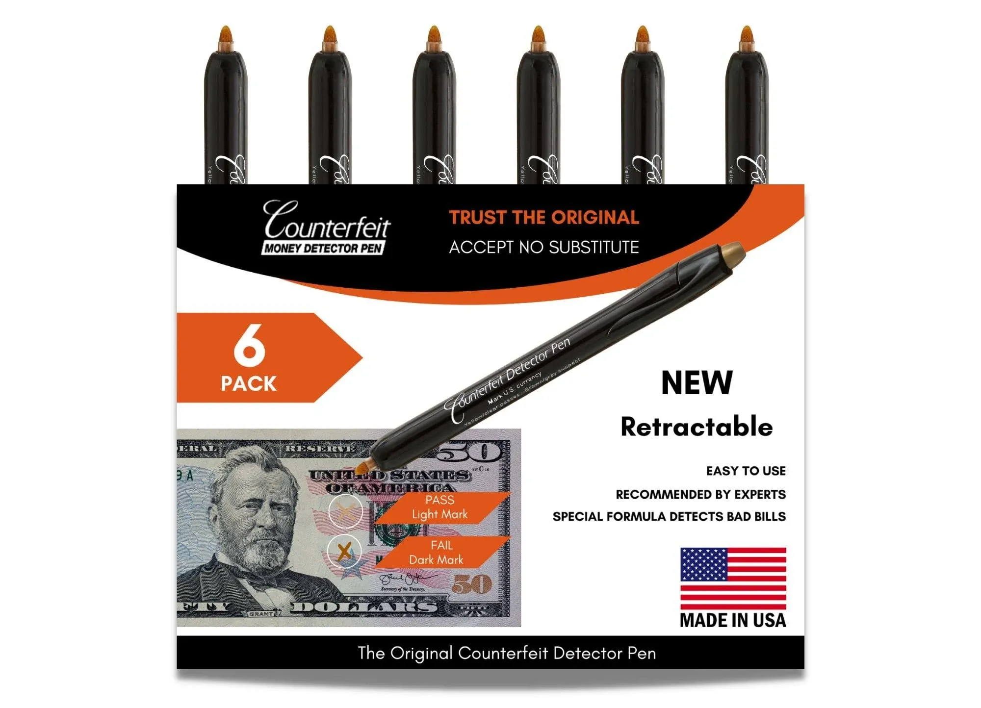 Dri Mark CFDRet6Pk Counterfeit Bill Detector Retractable Marker Pen, Made in The USA, Fake Money Checker - Money Loss Prevention Tester & Fraud Protection for U.S. Currency (Pack of 6)