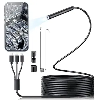 Endoscope Camera with Light, 1920P HD Borescope with 6 LED Lights, 3 in 1 Snake Camera, IP67 Waterproof 9.8FT Semi-Rigid Cord for Pipe Inspection, 7.9mm Industrial Endoscope for Android and IOS