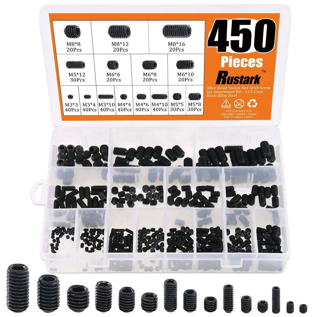 Glarks 450Pcs M3/M4/M5/M6/M8 Allen Head Socket Set Screw 12.9 Class Black 