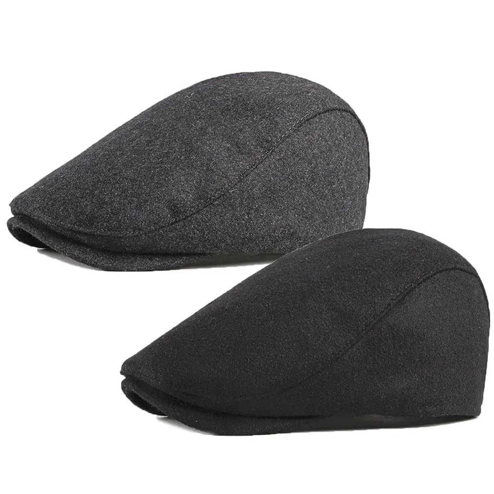 ALL IN ONE CART 2 Pack Men's Warm Wool Tweed Blend Newsboy Flat Cap Ivy Cabbie Driving Winter Hat