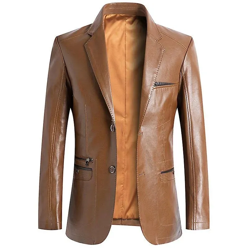 Mens Notched Lapel Button Down Business Lambskin Leather Jacket Blazer with ...