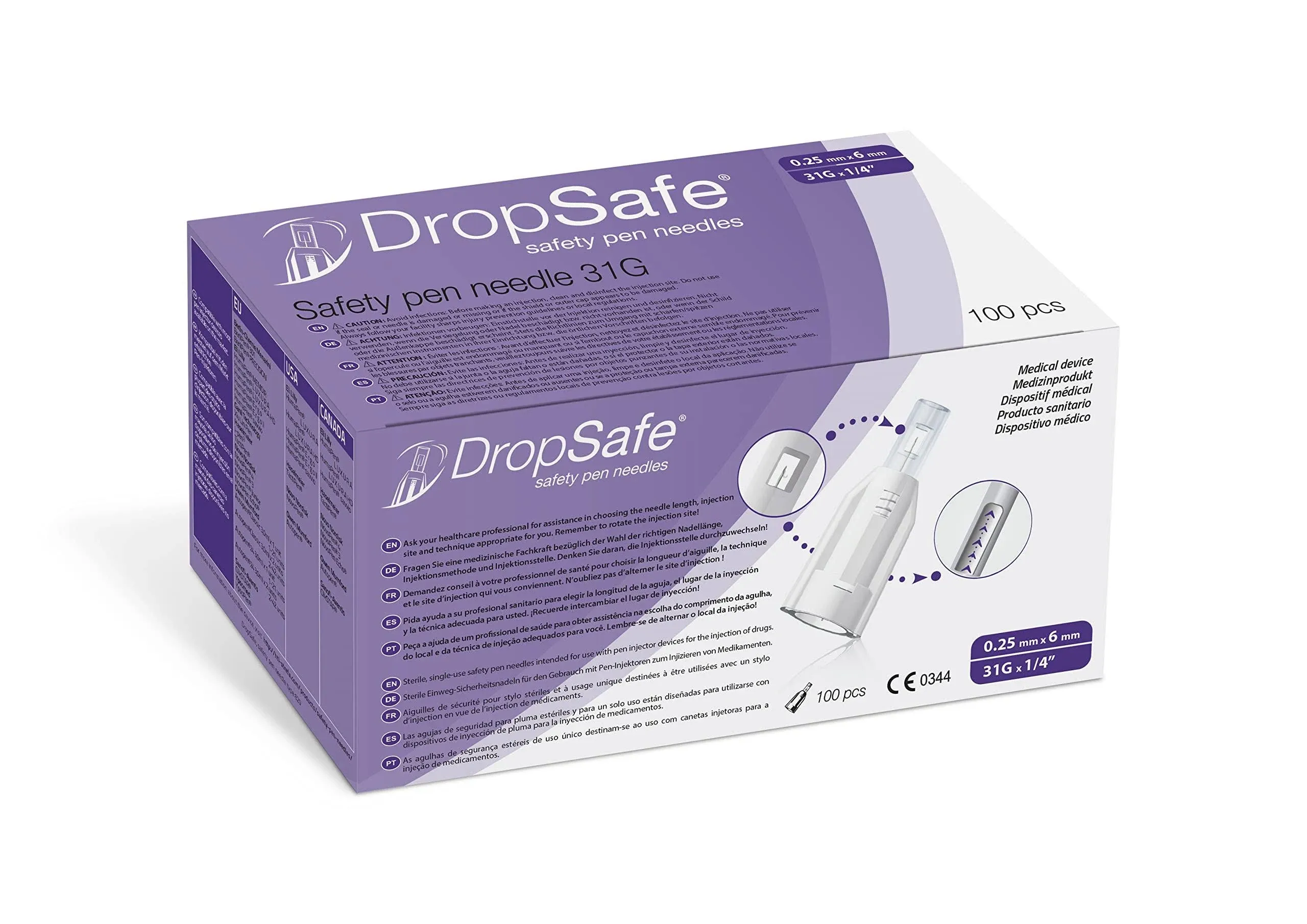 Drop Safe Safety Pen Needles 31 G x 6mm, 100ct Box, Sterile Needles with Locking System for Max Protection, Stable Slidi