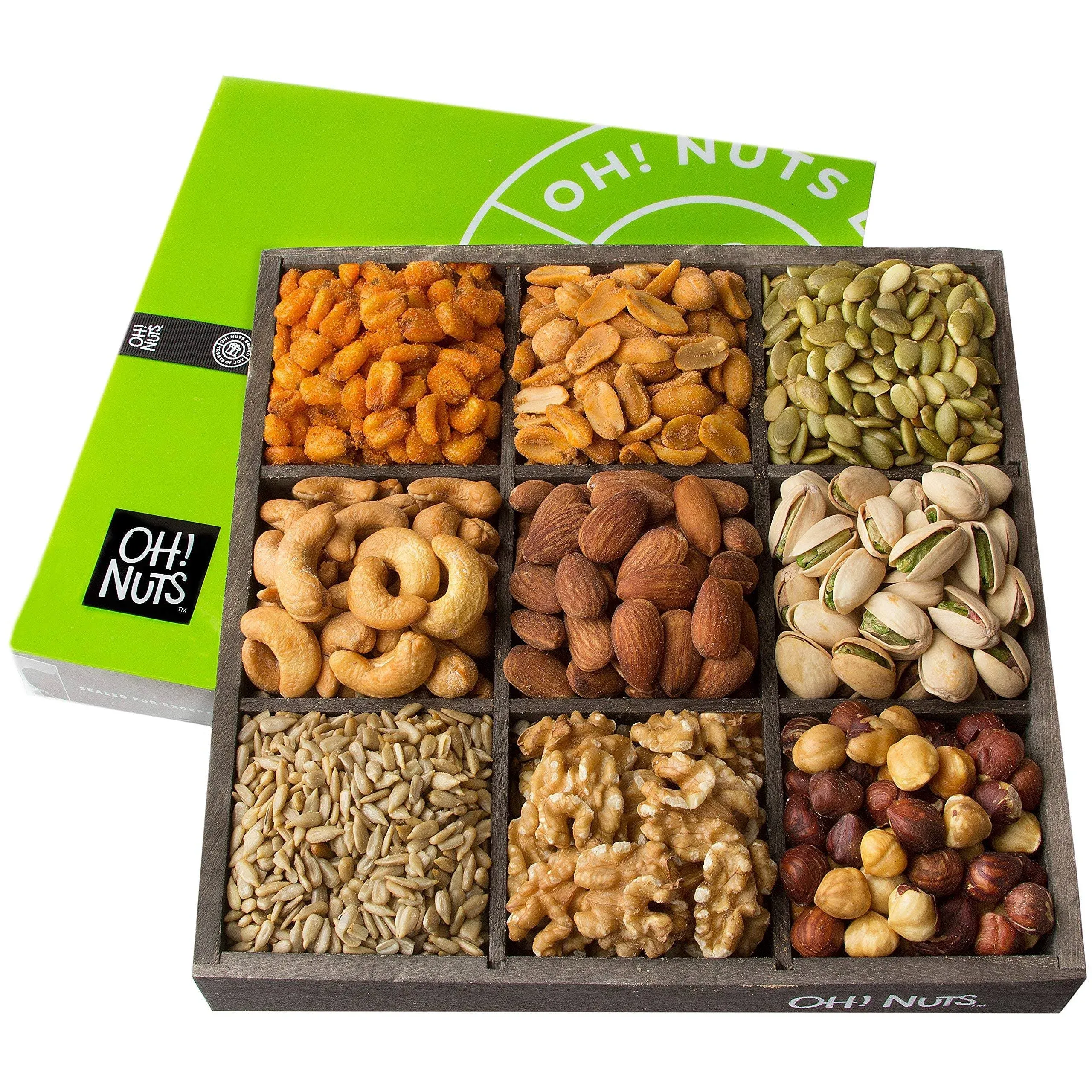 Oh! Nuts Holiday Nuts Gift Basket, 9 Variety Mixed Nut Assortment Wood Tray ...