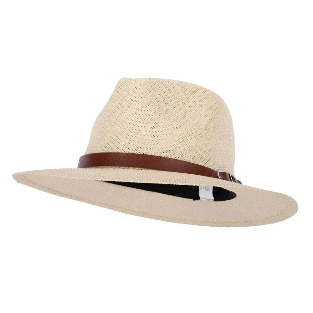 Men's Paper Braid Leatherette Buckle Trim Large Brim Fedora Hat