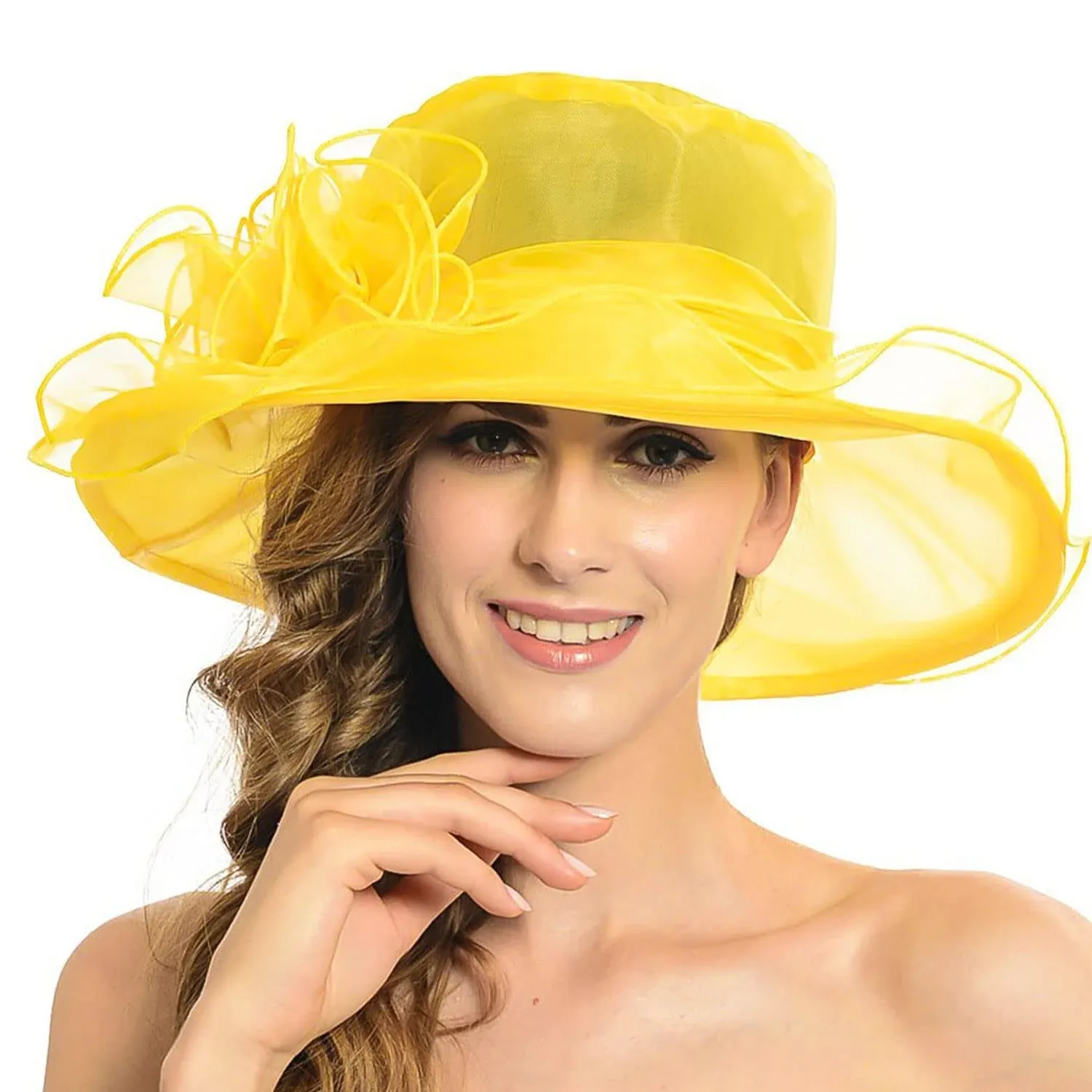 Women's Sheer Wide Brim Sun Party Church Wedding Floral Organza Hat(Yellow)