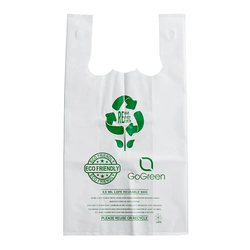 White Reusable/Eco-Friendly LDPE T-Shirt - 1/6 BBL 11.5"X6.5"X21" - 150 Bags - 101 Micron (4.0 mil) - White