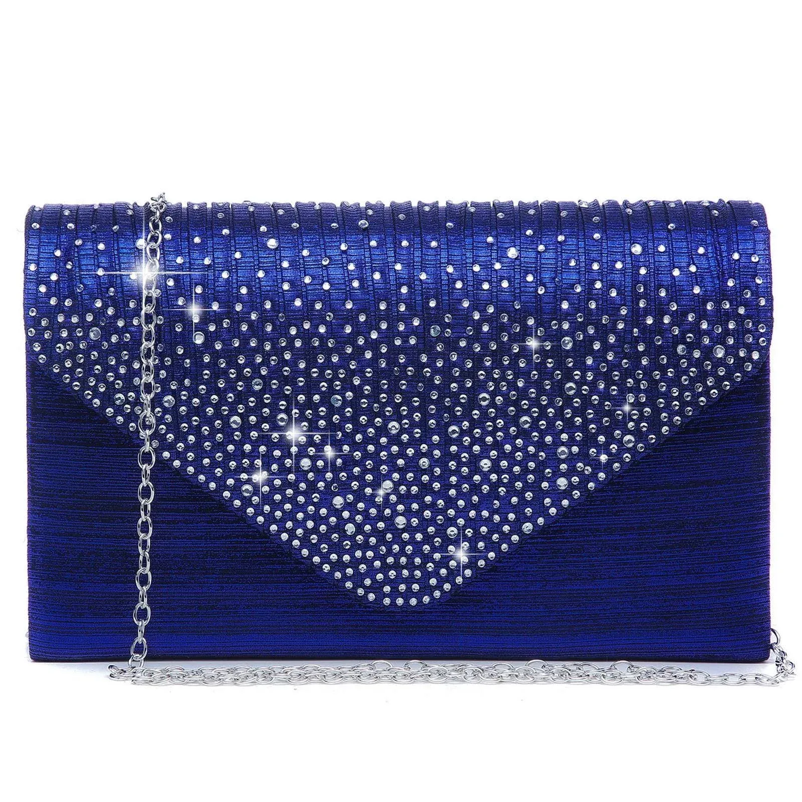 WOMEN Satin Evening Bag Rhinestone Clutch Handbag, Navy Blue