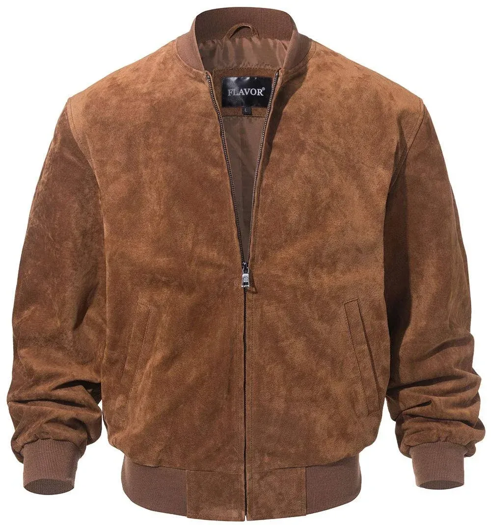 FLAVOR Men's Leather Baseball Bomber Jacket Vintage Suede Pigskin