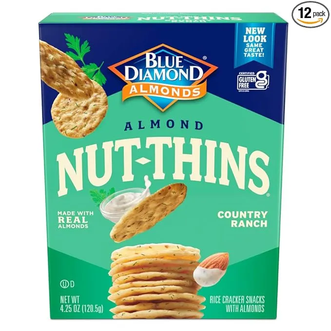 Blue Diamond Almonds Gluten Free Almond Nut-Thins Cracker Crisps, Country Ranch, 4.25 Ounce (Pack of 12)