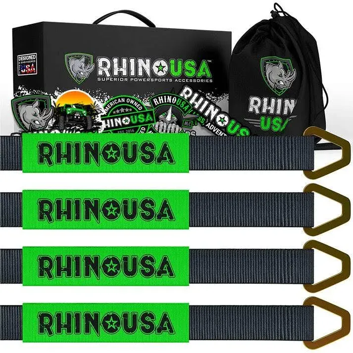 Rhino USA Axle Tie Down Straps - Lab Inspected 11,128lb. Break Strength - Heavy Duty Protective Sleeves & D Rings to Ensure Peace of Mind - Used for Car Engine Hoist, Truck, Trailer, UTV (4-Pack Set)