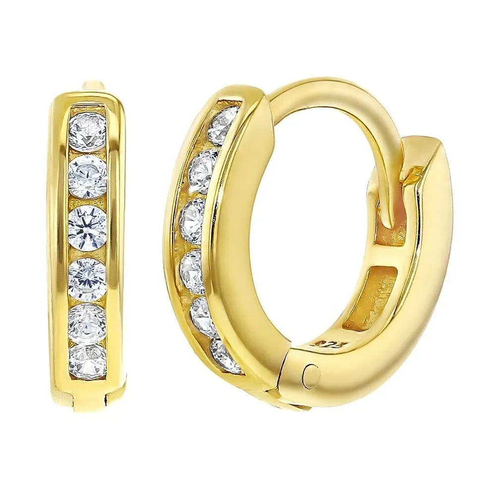 Girls' Channel Set CZ Huggie Hoop Gold Plated Sterling Silver Earrings - in ...