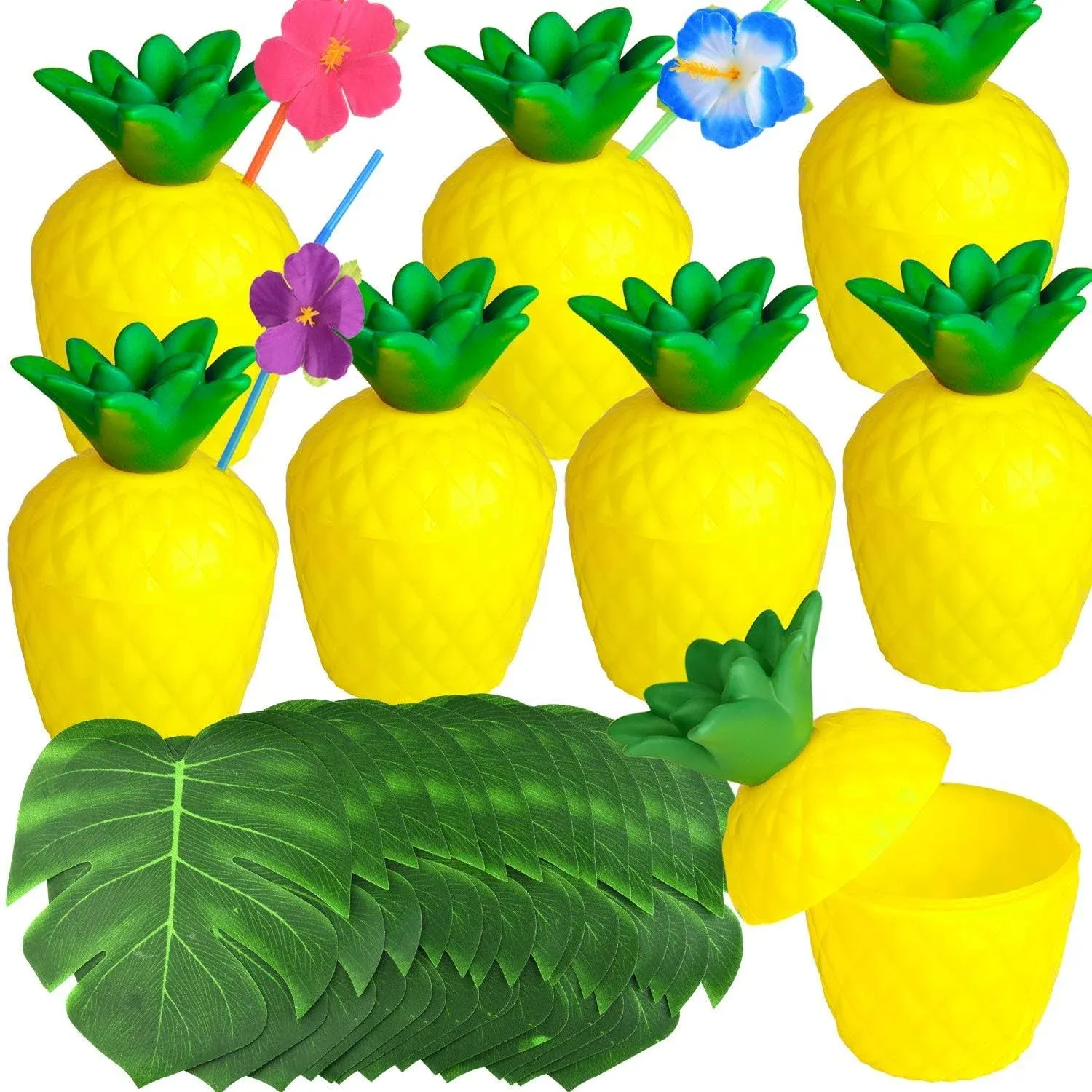 TUPARKA 12 Pack Pineapple Cups for Hawaiian Luau Party with Hibiscus Flower ...