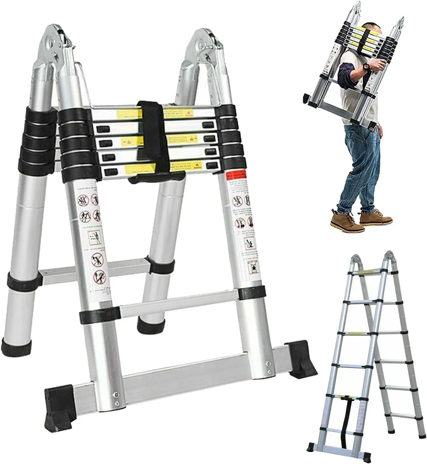 12.5FT Telescopic Folding Ladder Extension Aluminum 1.9m+1.9m A-Frame 3.8m Straight Ladder Telescoping Portable Multi-Purpose with Stabilizer Bar for Building Maintenance Window Cleaning Decoration