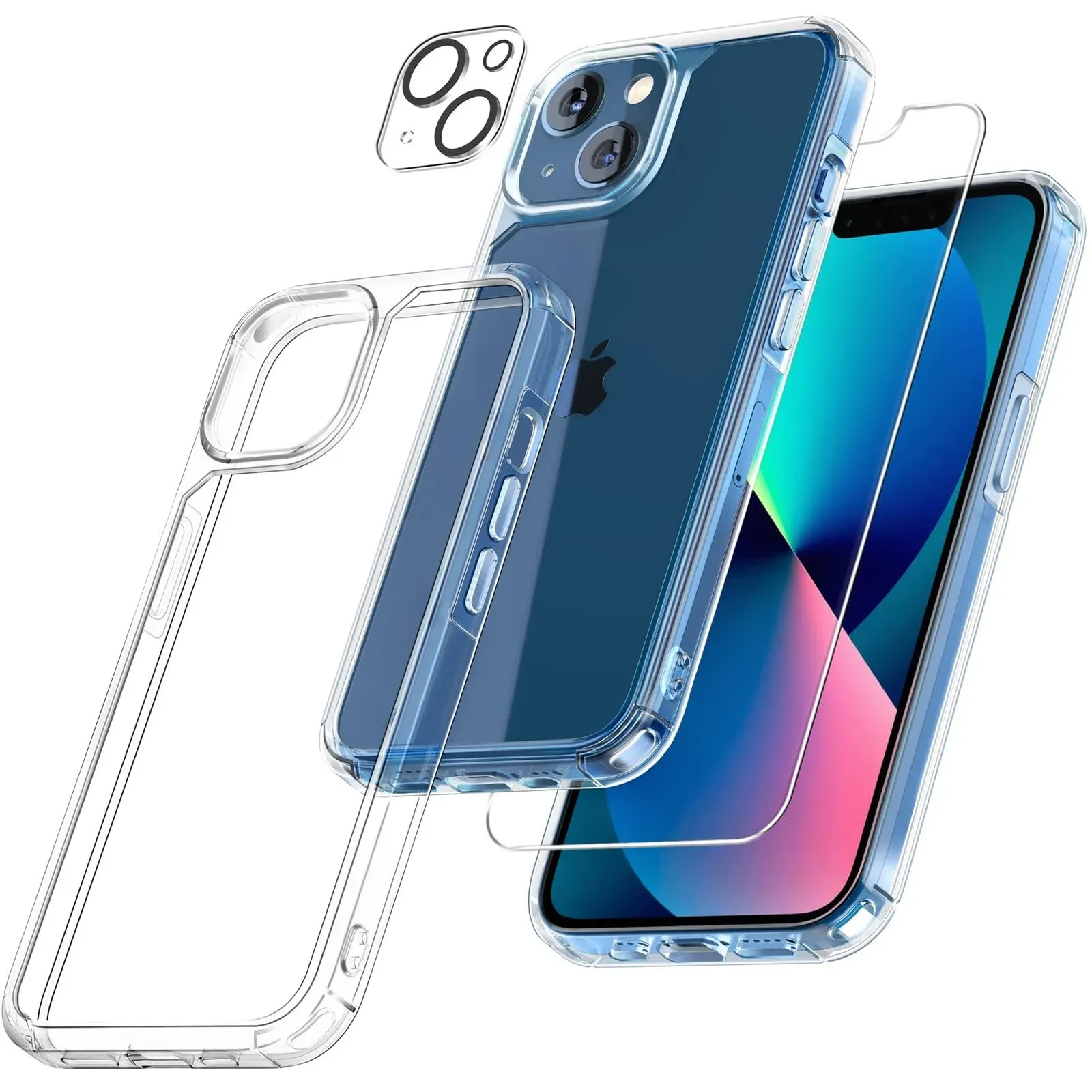 5 in 1 Designed for iPhone 13 Case Clear, Not-Yellowing<wbr/> with 2X Tempered Gl...