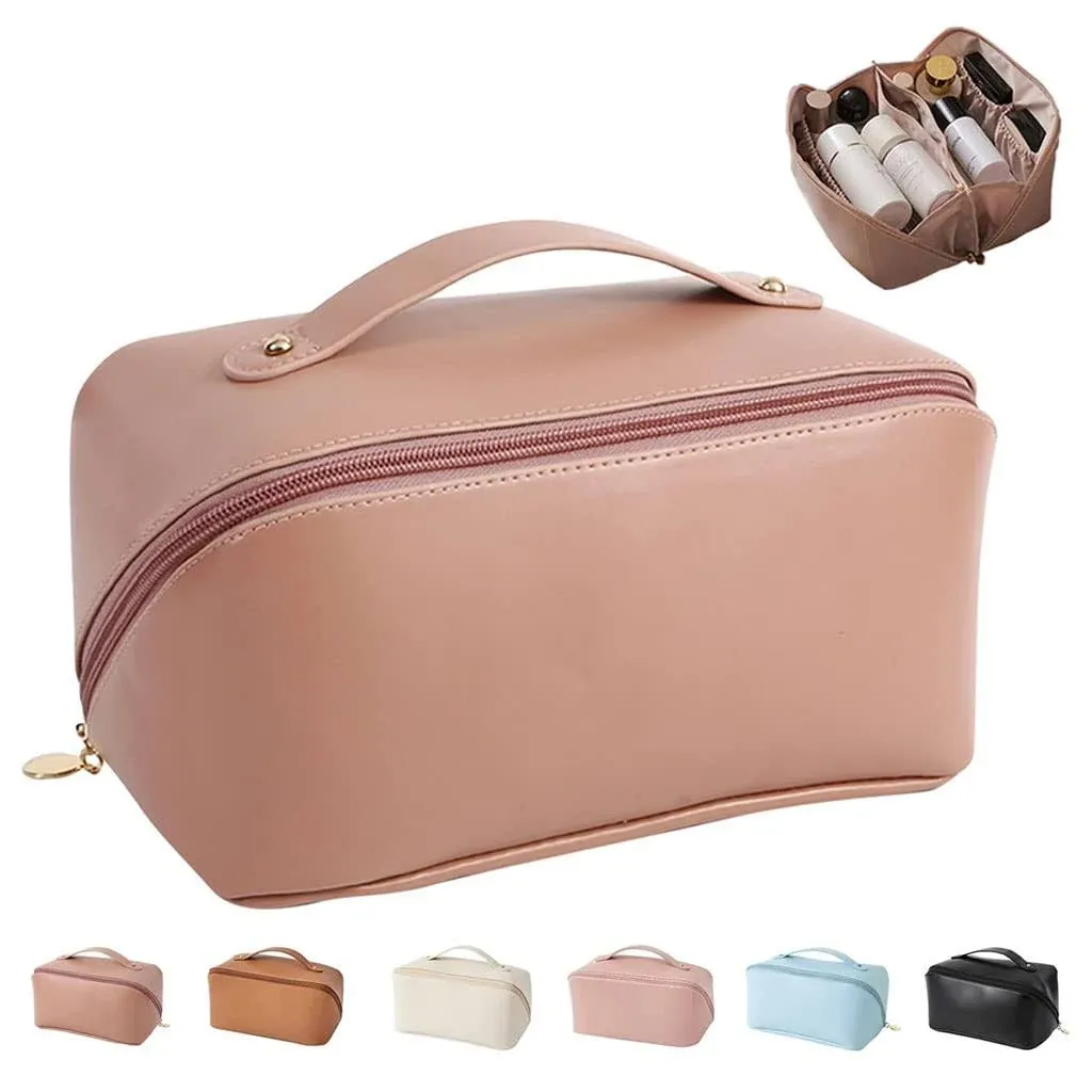 MINGRI Large Capacity Travel Cosmetic Bag for Women,Portable PU Leather Makeup Bag Water Resistant,Flat Open Multifunctional Storage Travel Toiletry Bag with Divider and Handle (Soft pink)