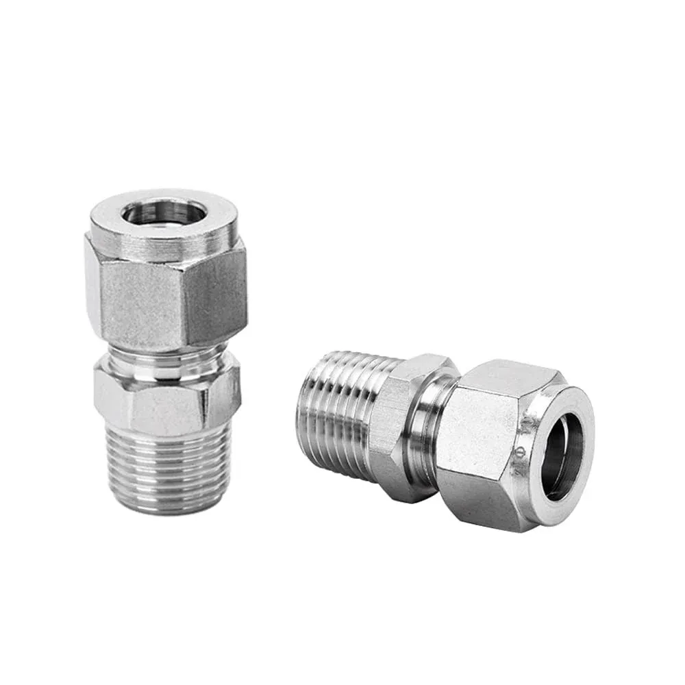 304 Stainless Steel Compression Fitting 1/4" Tube OD x 1/4" NPT Male Coupler Straight Adapter Connect with Double Ferrules Pack of 2