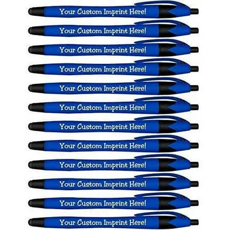 Ballpoint Soft Touch Personalized Ink Pens with Stylus Tip - The Jewel - Click action - Custom - Black writing - Printed Name - Imprinted - Your Logo/Message - FREE PERSONALIZATION- 12 Pens/Box (Blue)