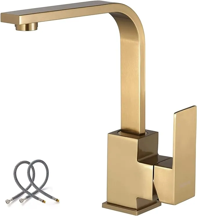 WOWOW Brushed Gold Bar Faucet Single Handle Bar Sink Faucets Stainless Steel Small Kitchen Faucet with Supply Hose Mini Bar