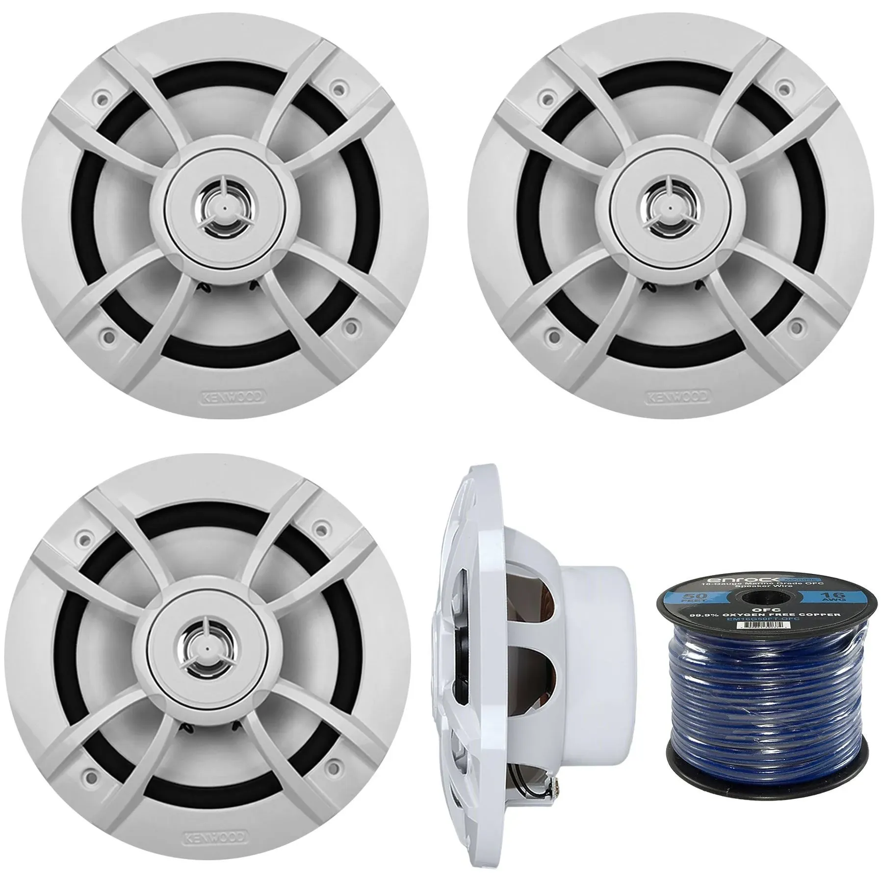 4 X New Kenwood KFC-1633MRW 6.5&#034; 2 Way Marine Audio Speakers /50 Ft Speaker Wire