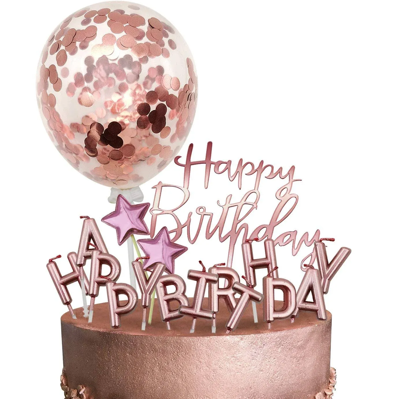 MOVINPE Rose Gold Cake Topper Decoration with Happy Birthday Candles Happy Birthday Banner Confetti Balloon Paper Fans for Rose Gold Theme Party Decor