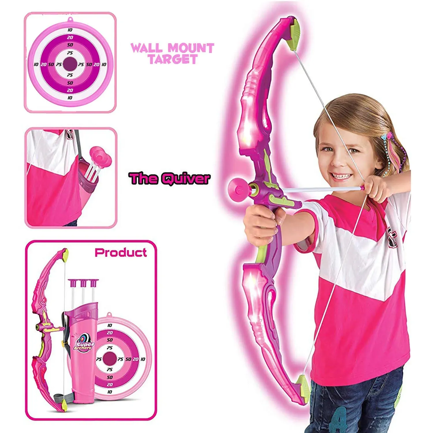 ToyVelt Kids Bow and Arrow Set with LED Lights, 10 Suction Arrows, Target & Quiver, Kids Archery Set, Toy Bow and Arrow for Kids 4-12, Bow Arrow Indoor & Outdoor, Best Gift for Boys & Girls - Pink