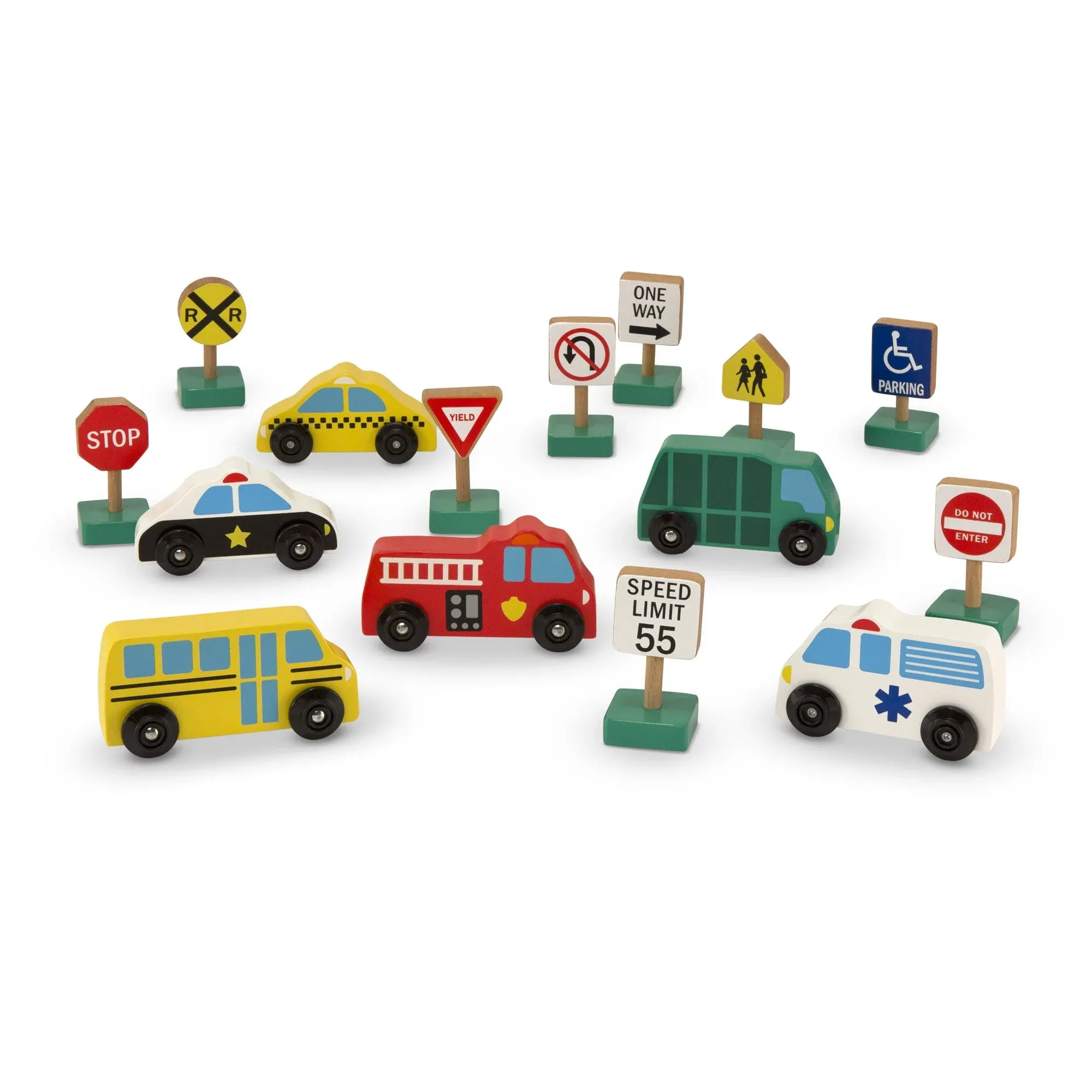 Melissa & Doug Wooden Vehicles and Traffic Signs With 6 Cars and 9 Sig