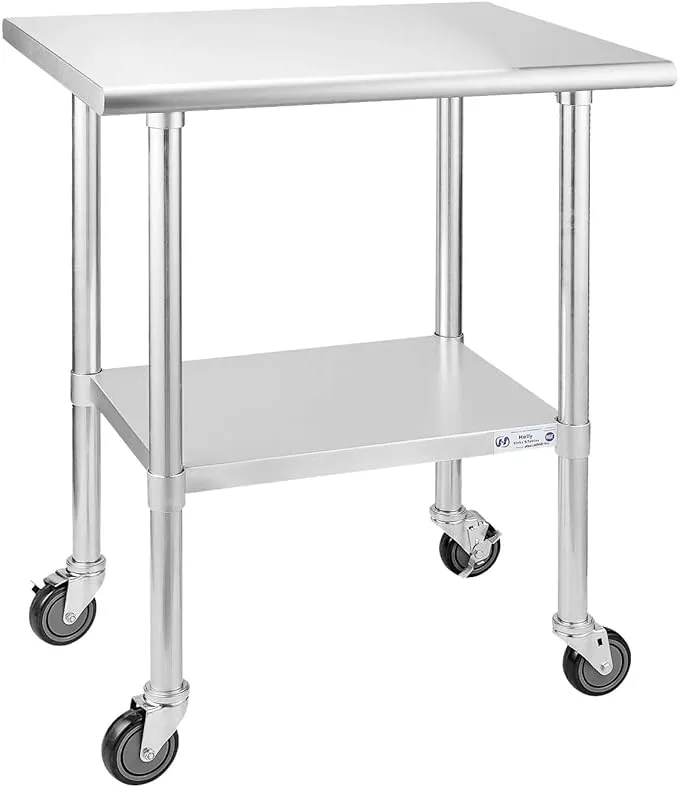 HALLY Stainless Steel Table for Prep & Work 24 x 30 Inches with Caster Wheels, NSF Commercial Heavy Duty Table with Undershelf and Galvanized Legs for Restaurant, Home and Hotel