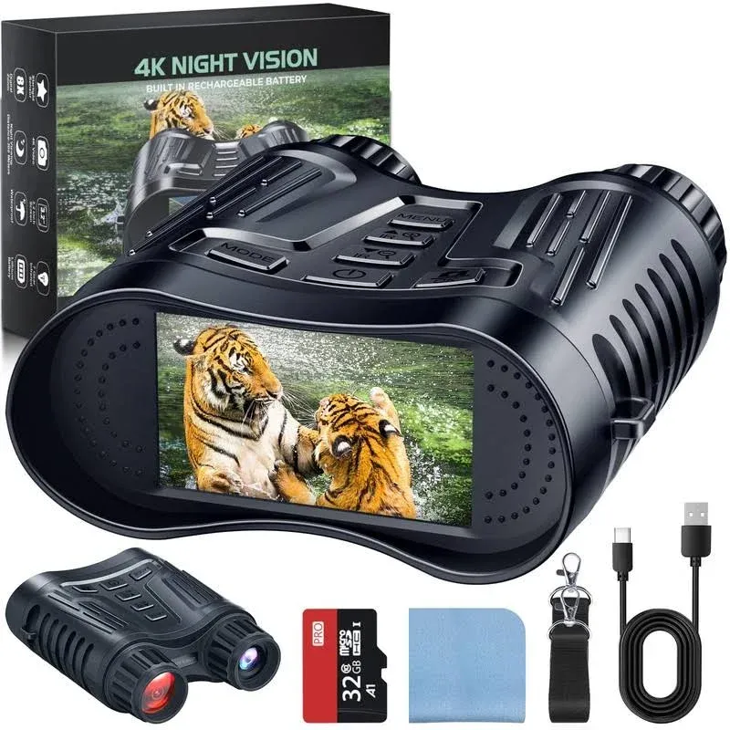 Ruaiok 4K Night Vision Goggles, Infrared Night Vision Binoculars for Adults, 3.2'' Large Screen, 8X Digital Zoom, 32GB Card to Save Photos and Videos