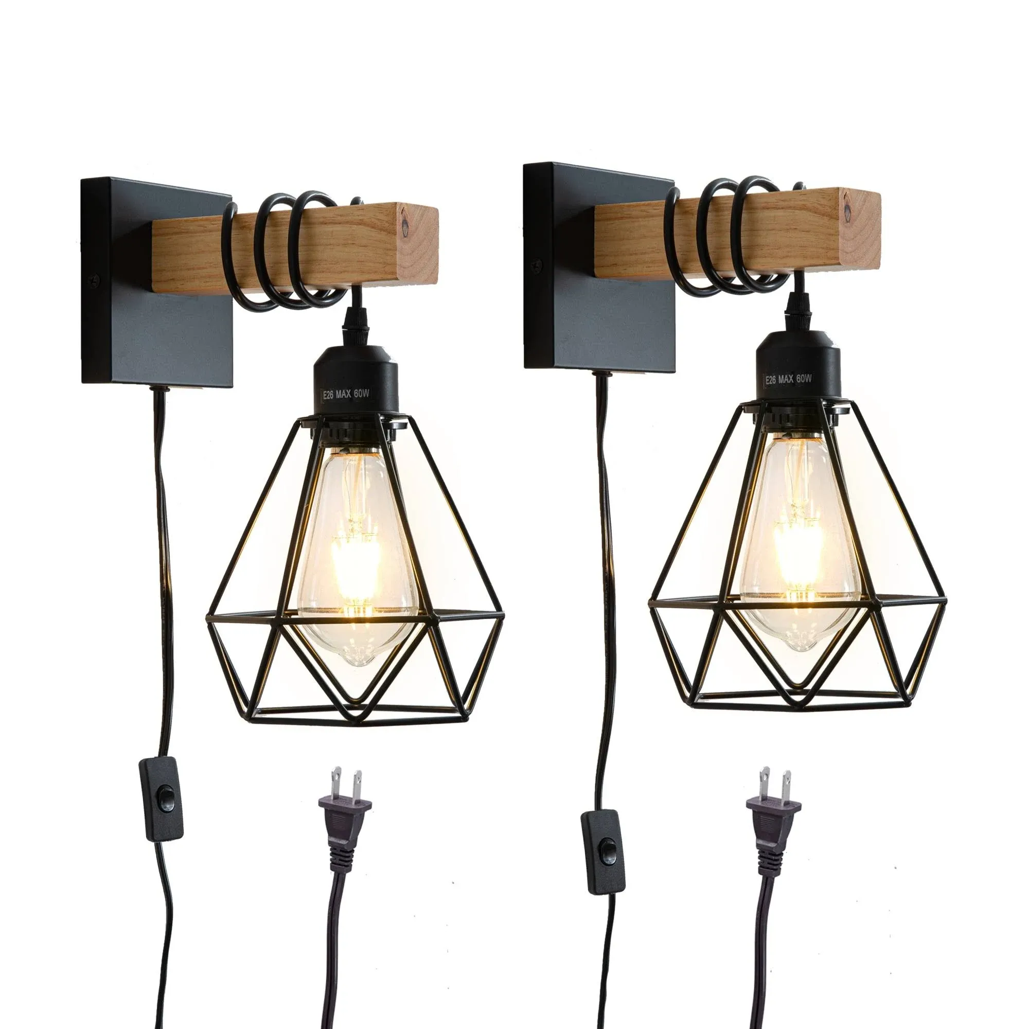 COTTAGE LIFE Plug in Wall Sconces 2 Pack Black Wall Sconce Farmhouse Plug in Wall Light Fixture Rustic Wall Lamp Plug in Sconce Lighting Indoor Wall Lights with on Off Switch