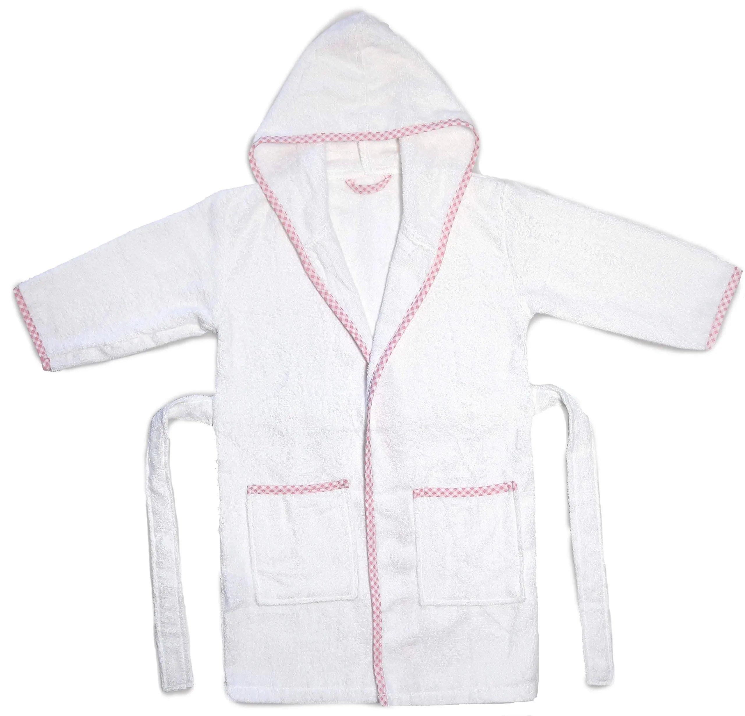 Maura Prince George Style Kids Bathrobe. Luxury Kids Hooded Bathrobe White and Pink Checkered Binding for Toddlers Turkish Terry Bath Towel Cute and Cuddly.