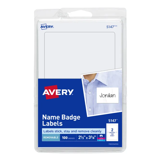 Avery‚® Print or Write Name Badge Labels - 100 / PK - 2 21/64 Height x 3 3/8 Width - Rectangle - Laser, Inkjet - White - Paper - 2 / Sheet - 100 Total Label(s) - 100 / Pack