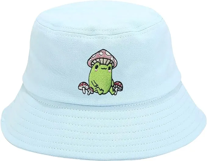 Embroidered Frog with Mushroom Bucket Hat for Women Men