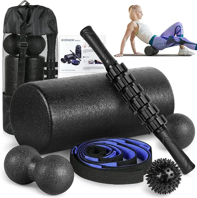 Foam Roller Set - High Density Back Roller, Muscle Roller Stick,2 Foot Fasciitis Ball, Stretching Strap, Peanut Massage Ball for Whole Body Physical Therapy & Exercise, Back Pain, Leg, Deep Tissue